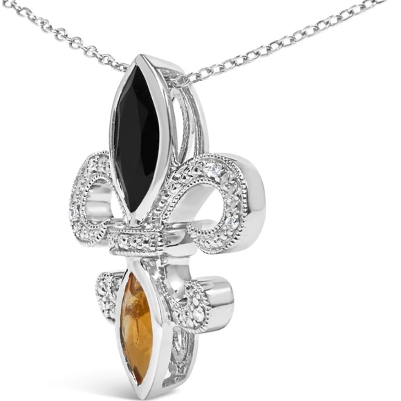 Haus of Brilliance Marquise Onyx Citrine and Diamond Fleur De Lis Necklace 18" - Picture 3 of 5